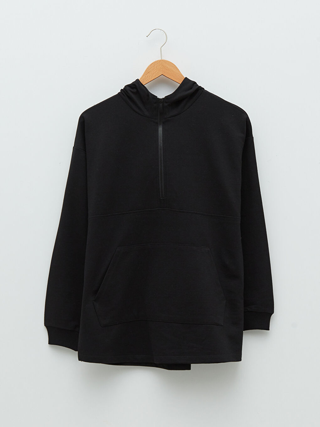 Siyah Kapüşonlu Düz Uzun Kollu Oversize Kadın Sweatshirt-5