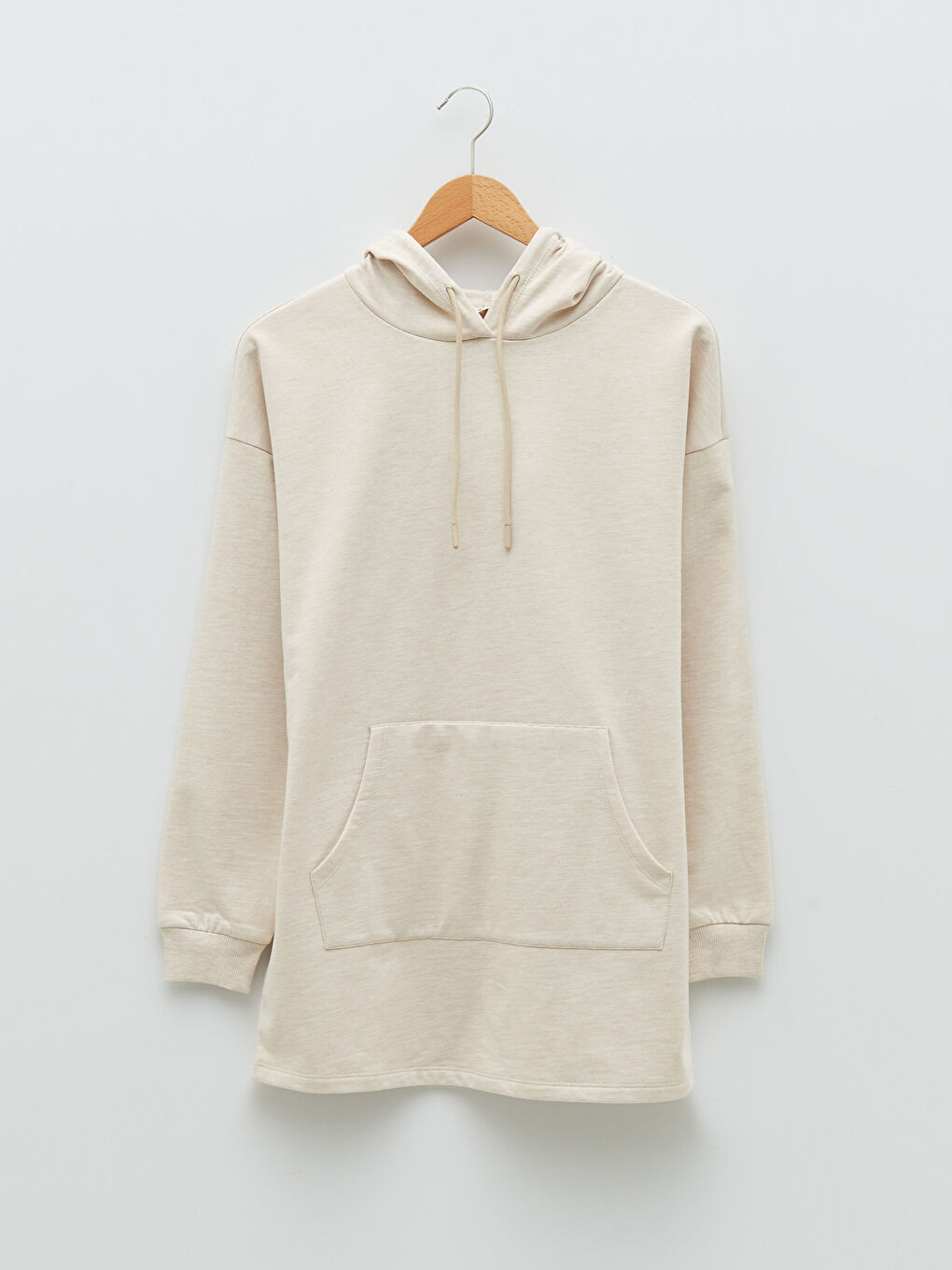 Bej Kapüşonlu Düz Uzun Kollu Kadın Sweatshirt-5