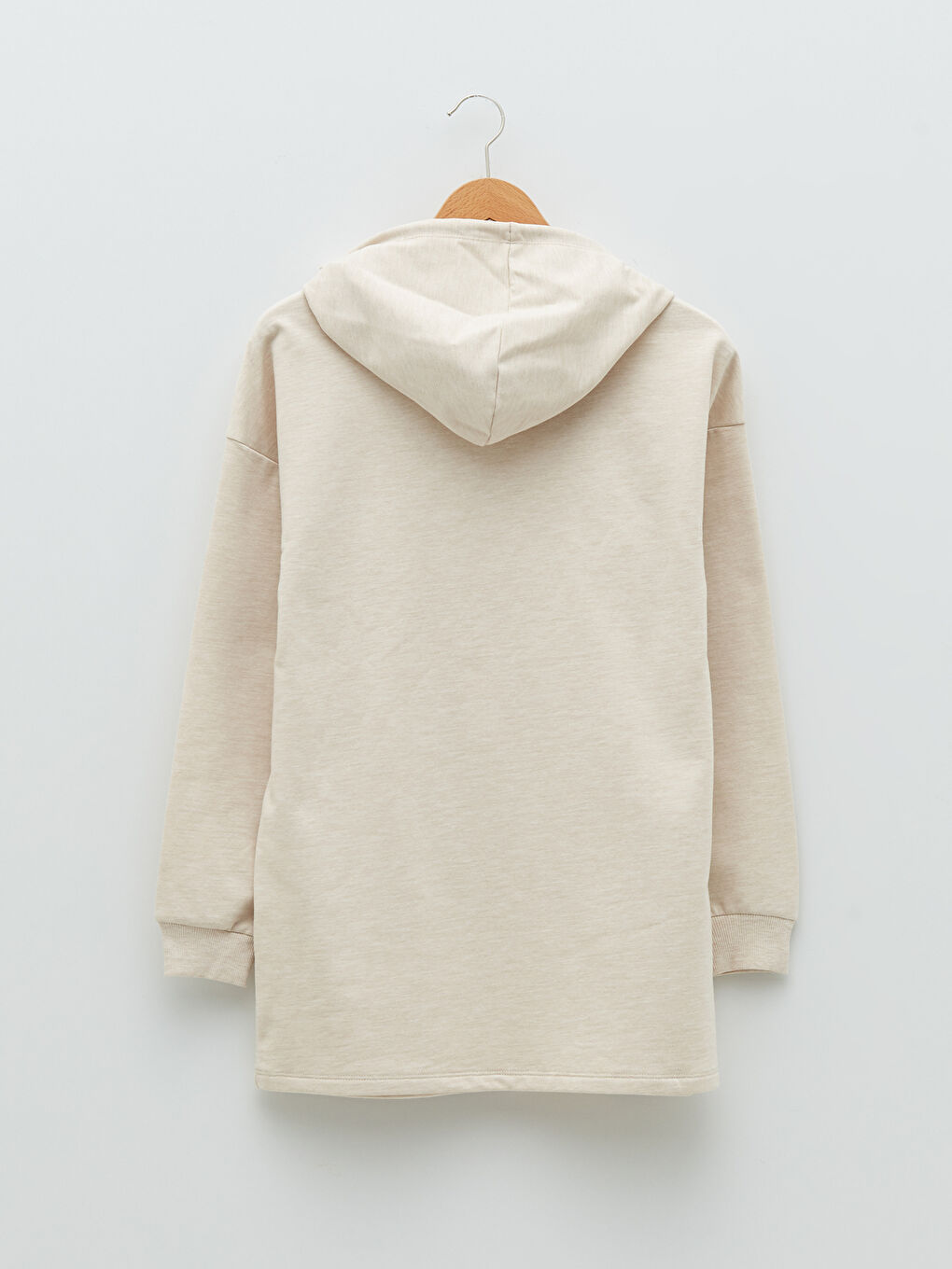 Bej Kapüşonlu Düz Uzun Kollu Kadın Sweatshirt-6