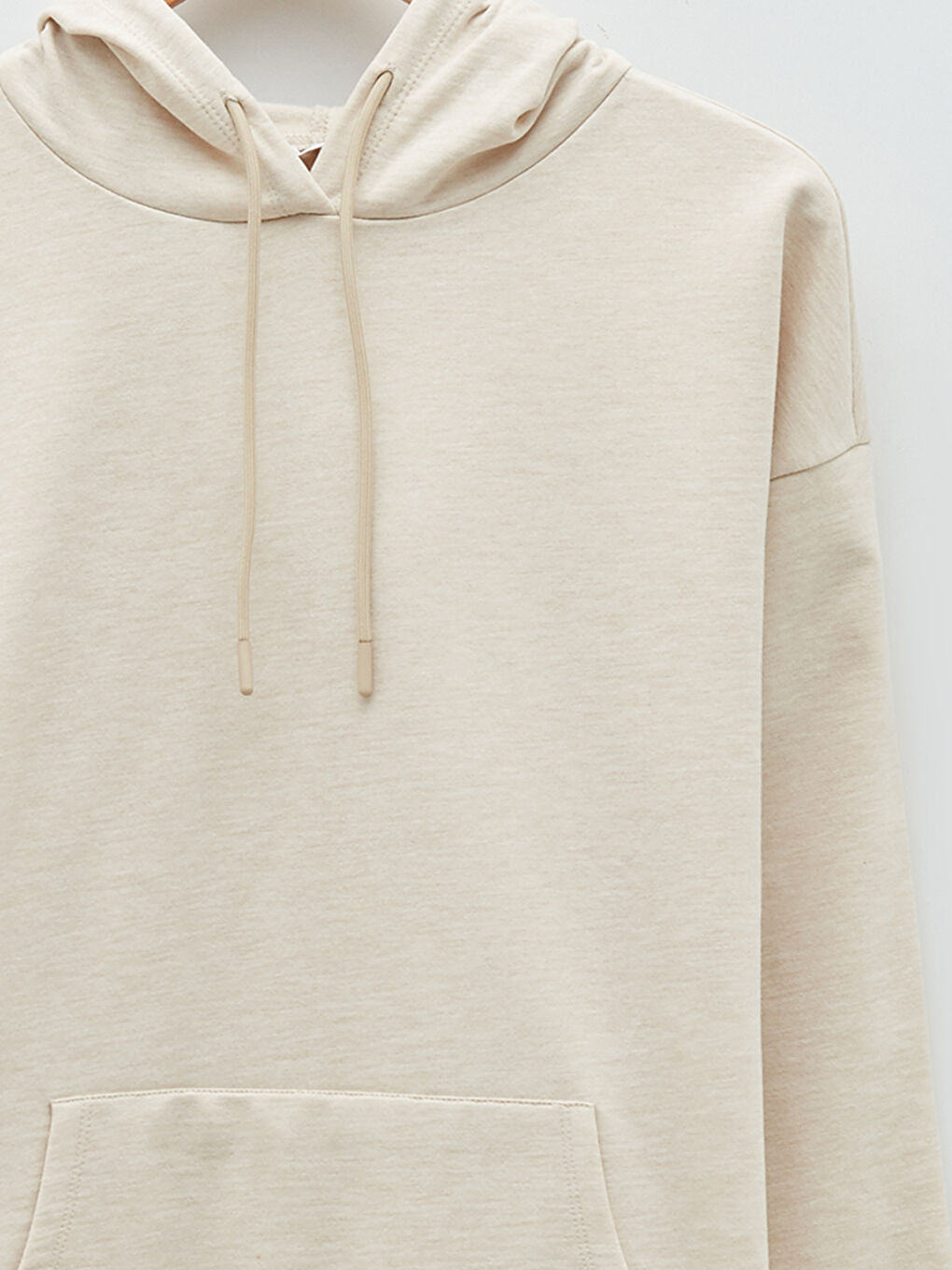 Bej Kapüşonlu Düz Uzun Kollu Kadın Sweatshirt-7