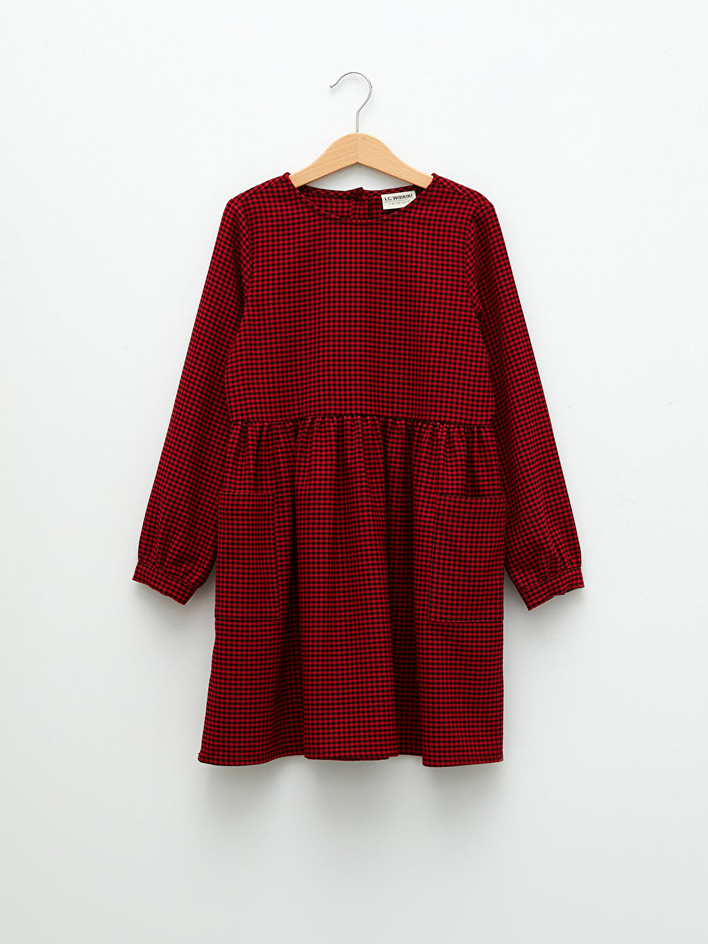 Kırmızı Bisiklet Yaka Ekose Uzun Kollu Kız Çocuk Elbise