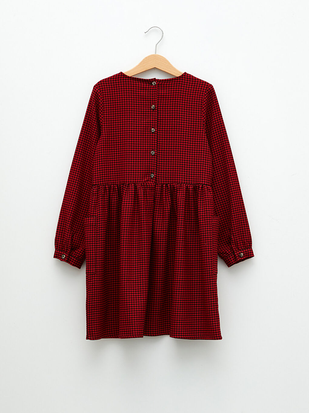 Kırmızı Bisiklet Yaka Ekose Uzun Kollu Kız Çocuk Elbise-1
