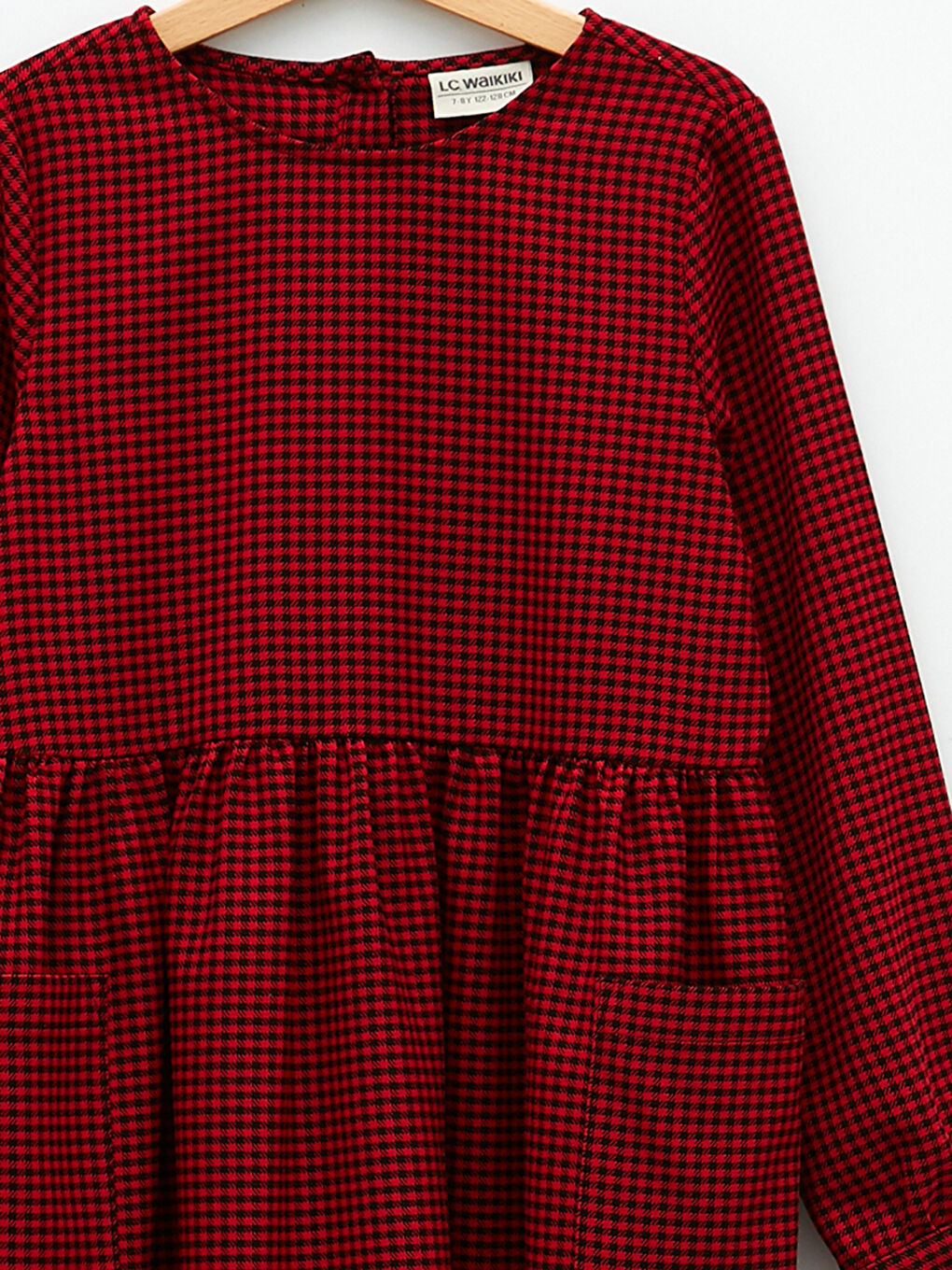 Kırmızı Bisiklet Yaka Ekose Uzun Kollu Kız Çocuk Elbise-2