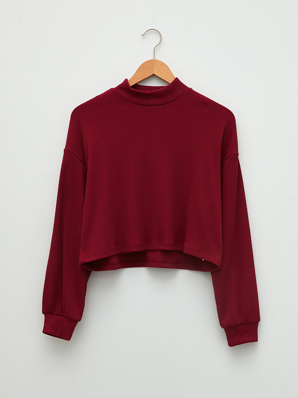 Bordo XSIDE Dik Yaka Düz Uzun Kollu Crop Kadın Bluz-5