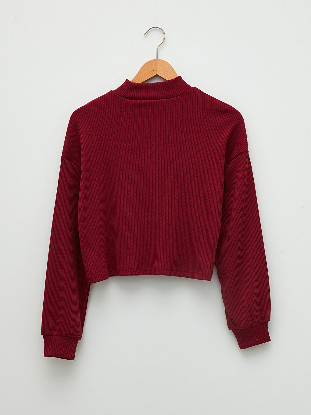 Bordo XSIDE Dik Yaka Düz Uzun Kollu Crop Kadın Bluz-6