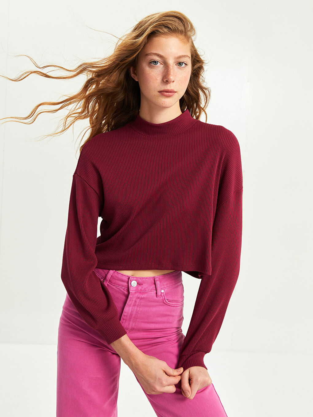 Bordo XSIDE Dik Yaka Düz Uzun Kollu Crop Kadın Bluz-2