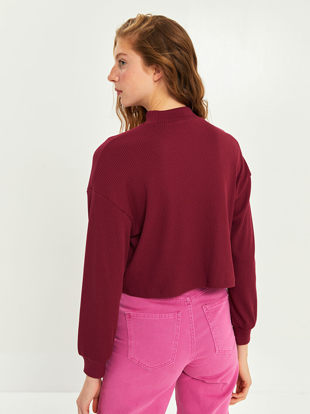 Bordo XSIDE Dik Yaka Düz Uzun Kollu Crop Kadın Bluz-4