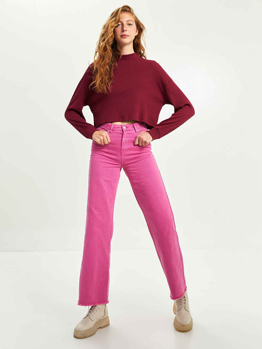 Bordo XSIDE Dik Yaka Düz Uzun Kollu Crop Kadın Bluz-1