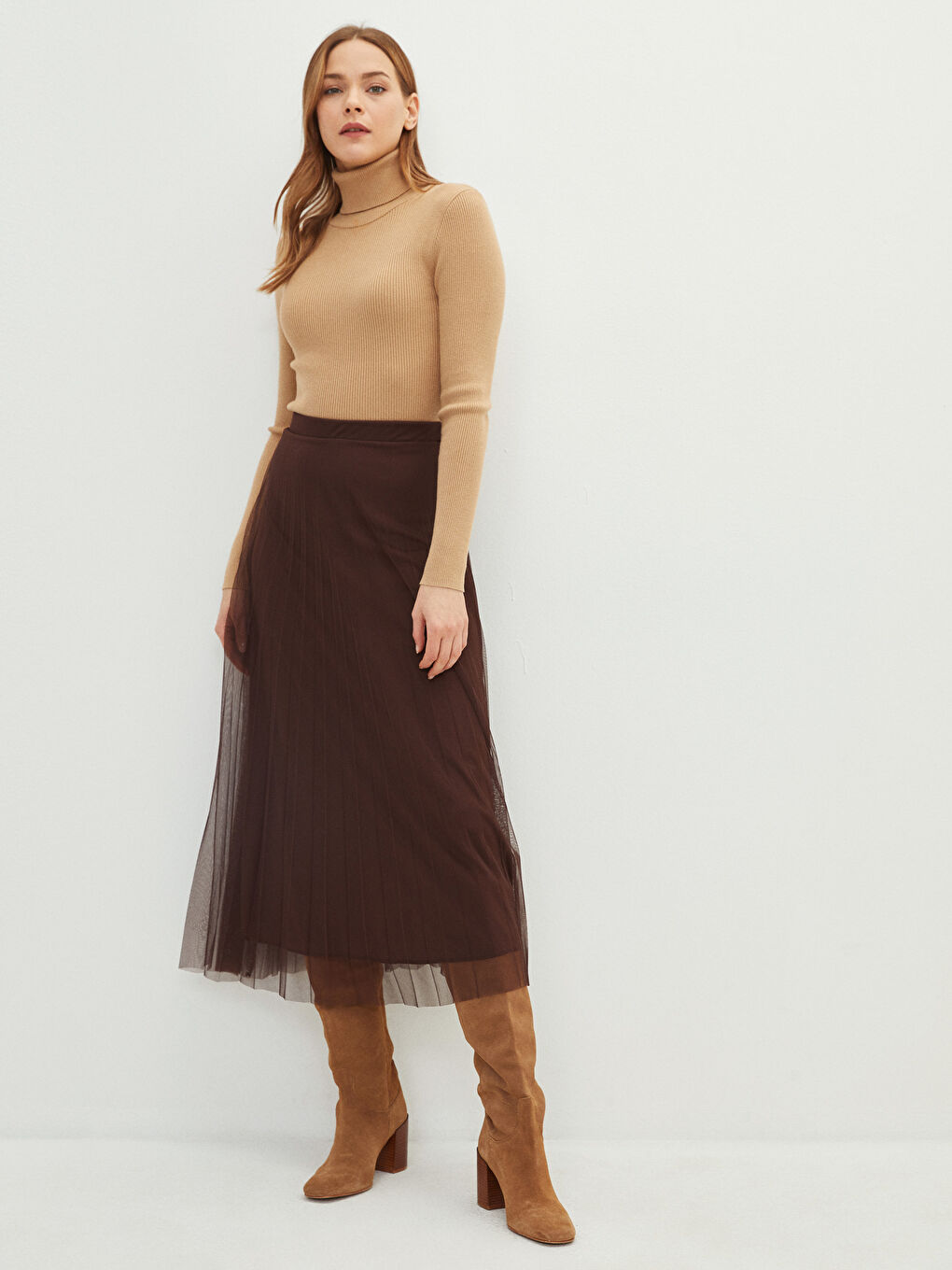 Kahverengi Kadın Beli Lastikli Düz Pileli Etek-1