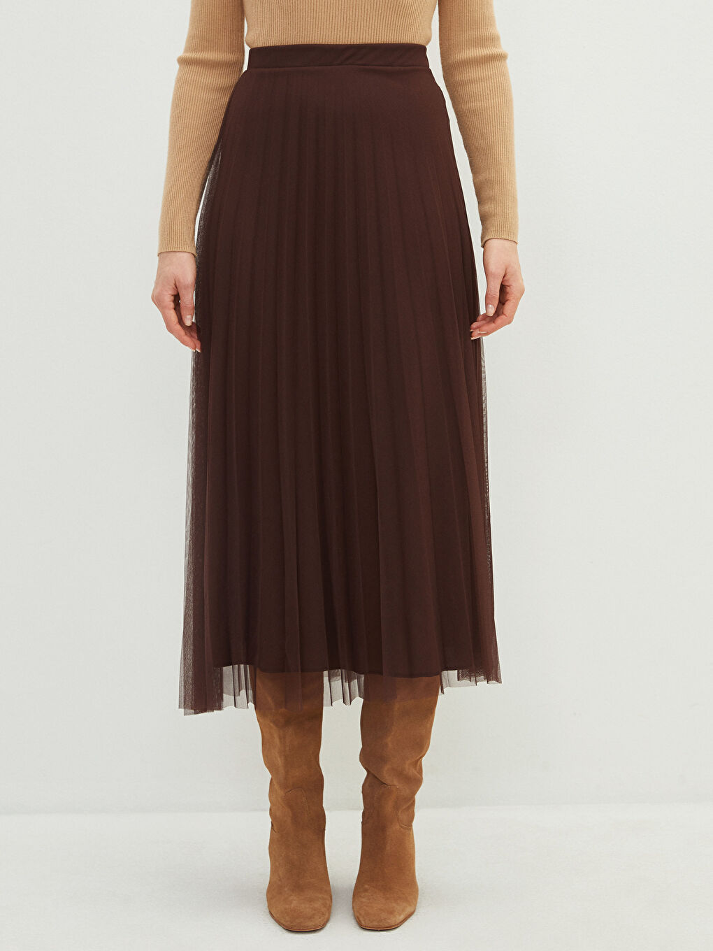 Kahverengi Kadın Beli Lastikli Düz Pileli Etek-2