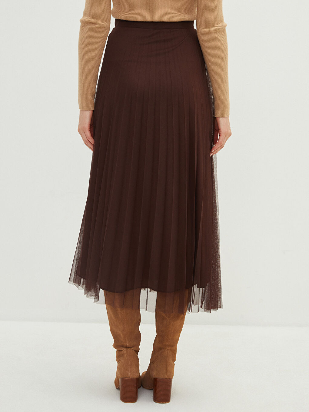 Kahverengi Kadın Beli Lastikli Düz Pileli Etek-3