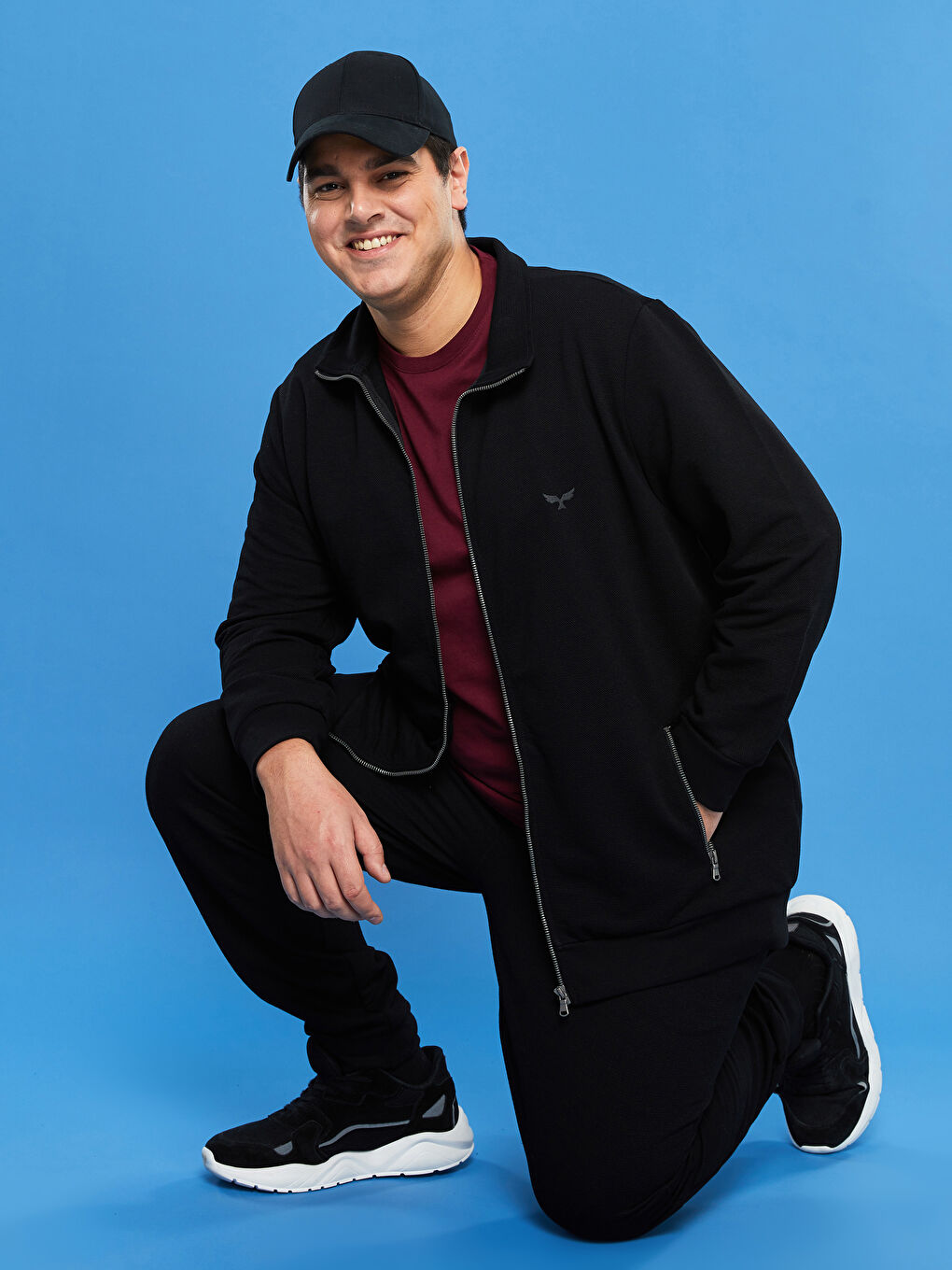 Siyah Büyük Beden Rahat Kalıp Dik Yaka Uzun Kollu Erkek Sweatshirt