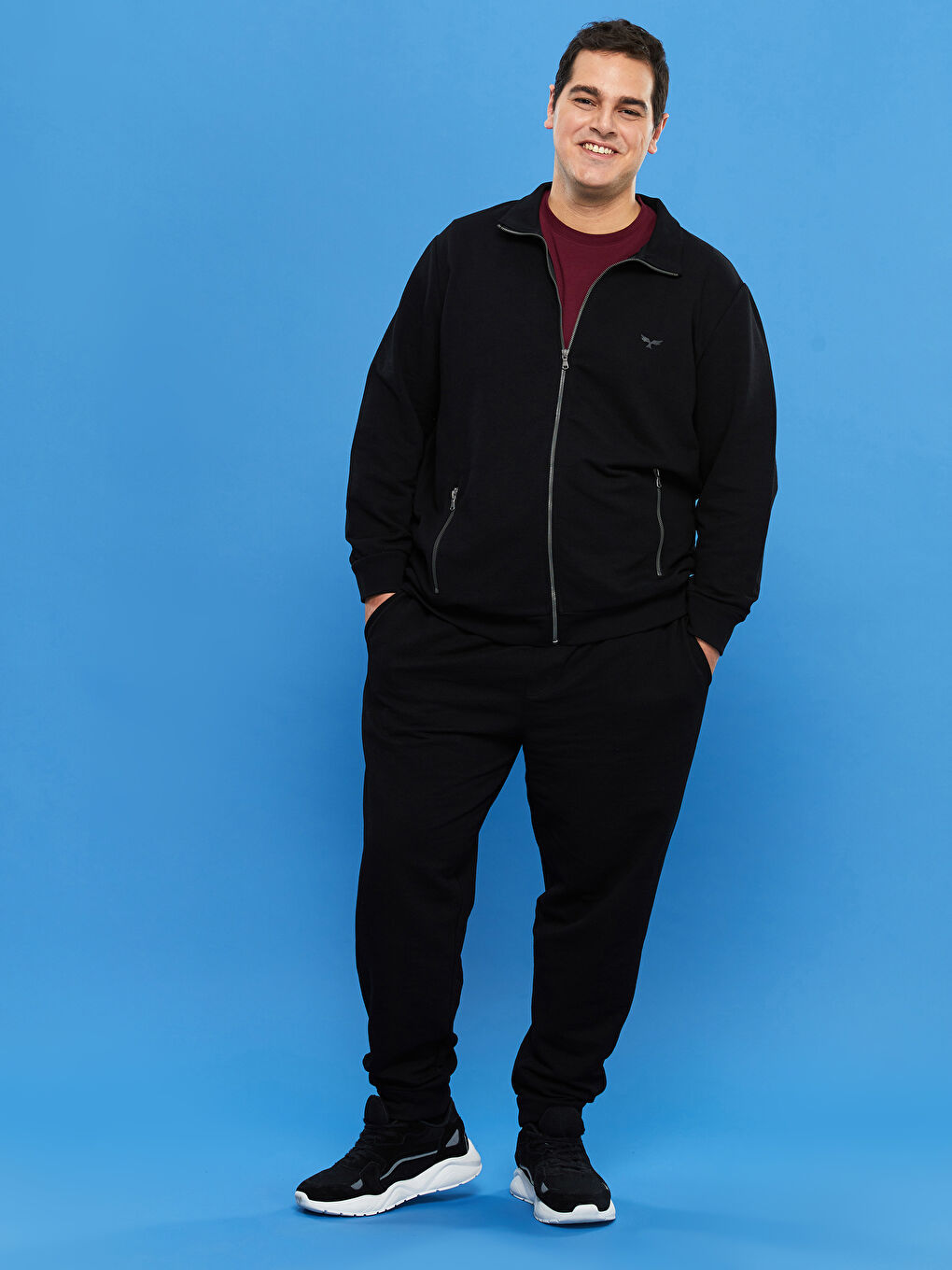 Siyah Büyük Beden Rahat Kalıp Dik Yaka Uzun Kollu Erkek Sweatshirt-2