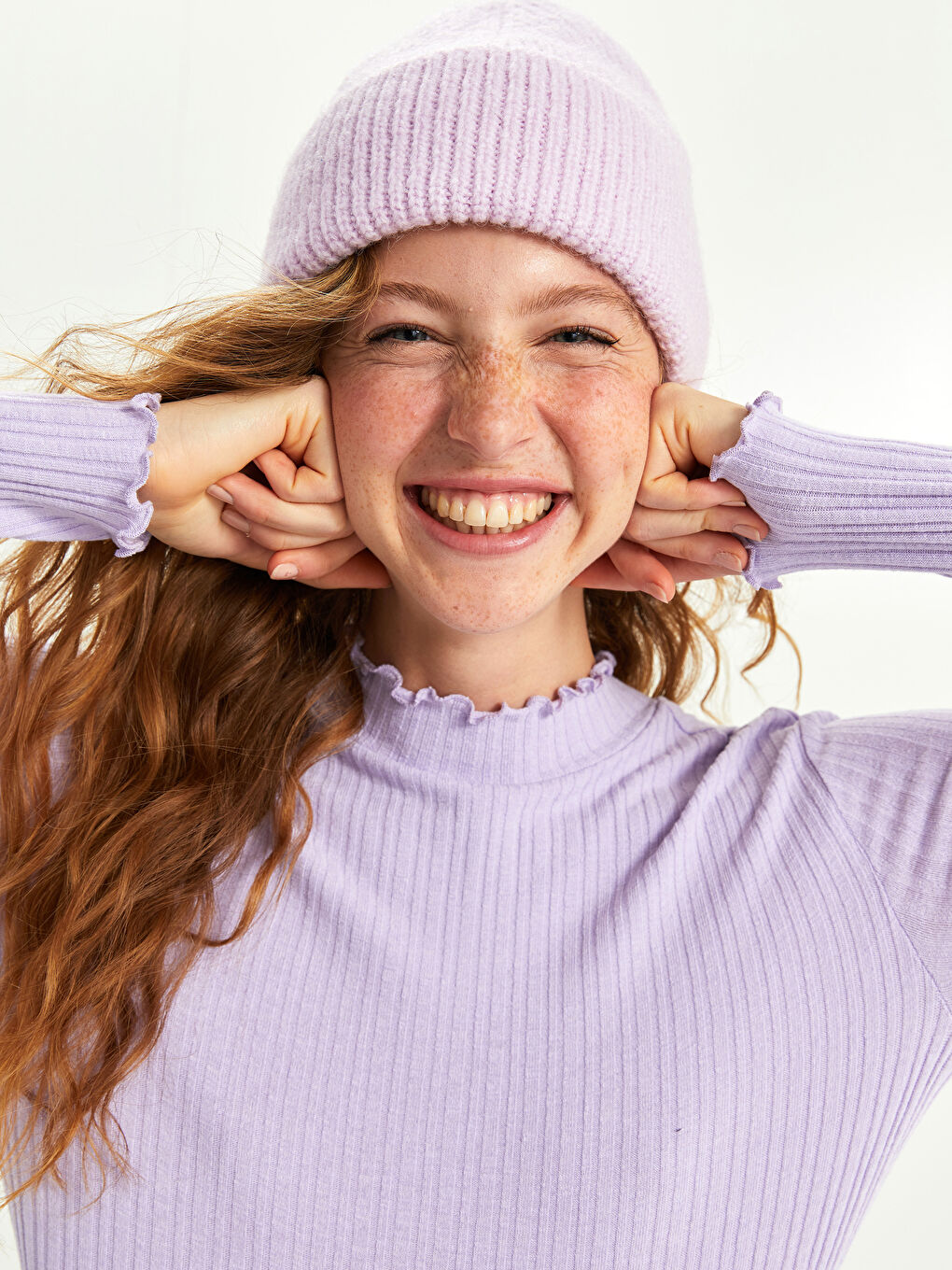 Lila Fırfırlı Dik Yaka Düz Uzun Kollu Kadın Kazak-2