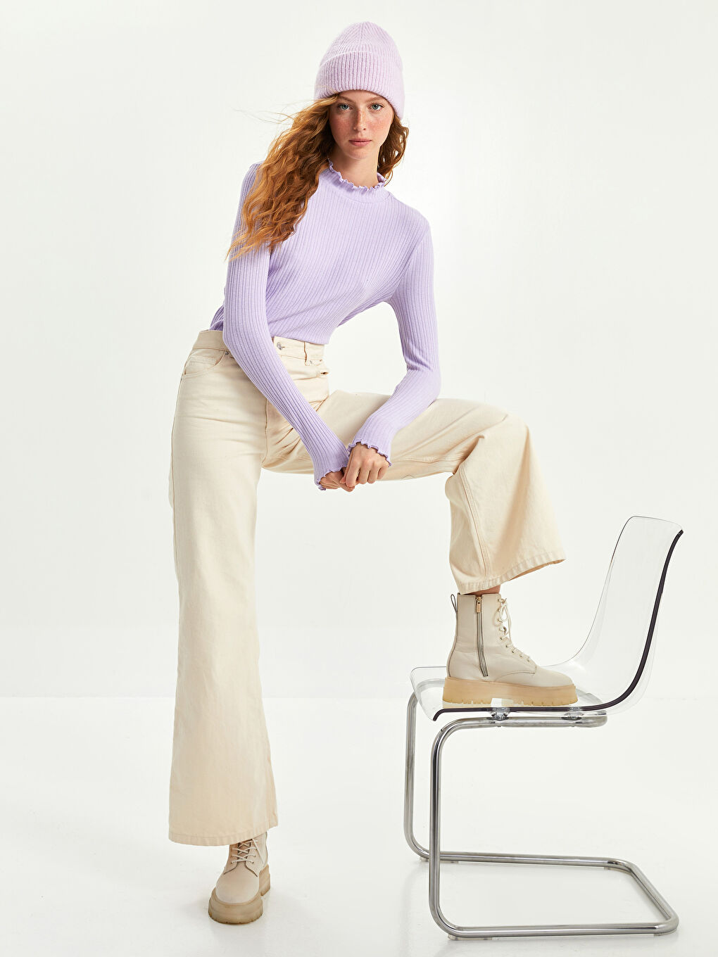 Lila Fırfırlı Dik Yaka Düz Uzun Kollu Kadın Kazak-3