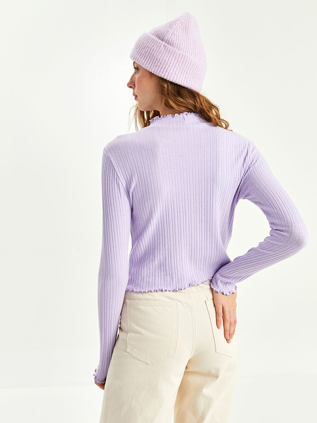 Lila Fırfırlı Dik Yaka Düz Uzun Kollu Kadın Kazak-4