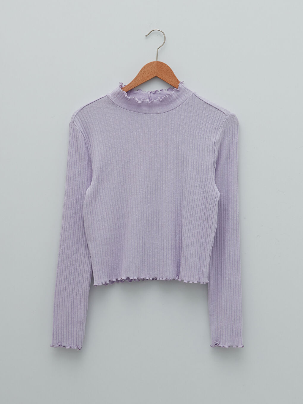 Lila Fırfırlı Dik Yaka Düz Uzun Kollu Kadın Kazak-5