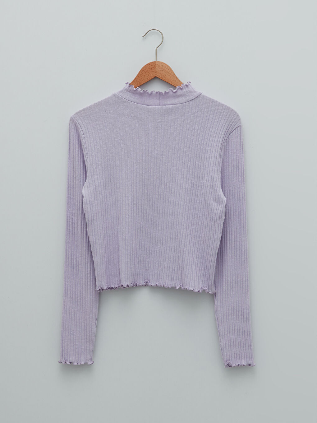 Lila Fırfırlı Dik Yaka Düz Uzun Kollu Kadın Kazak-6