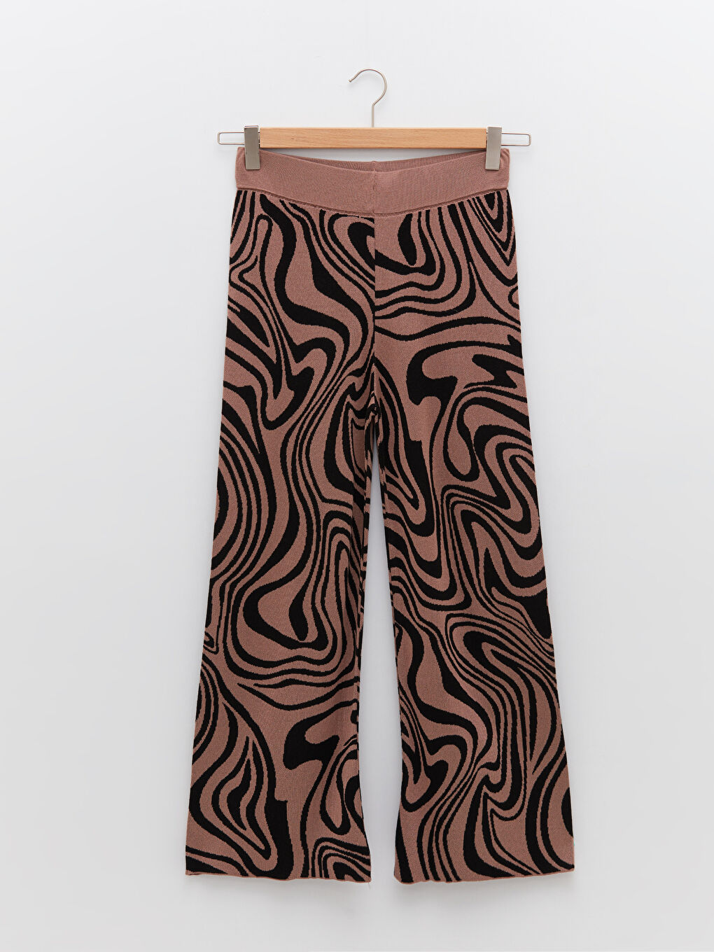 Kahverengi Beli Lastikli Desenli Kadın Triko Pantolon-12