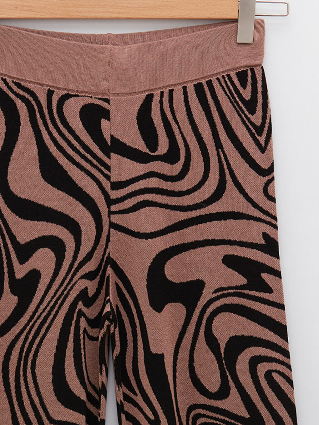 Kahverengi Beli Lastikli Desenli Kadın Triko Pantolon-14