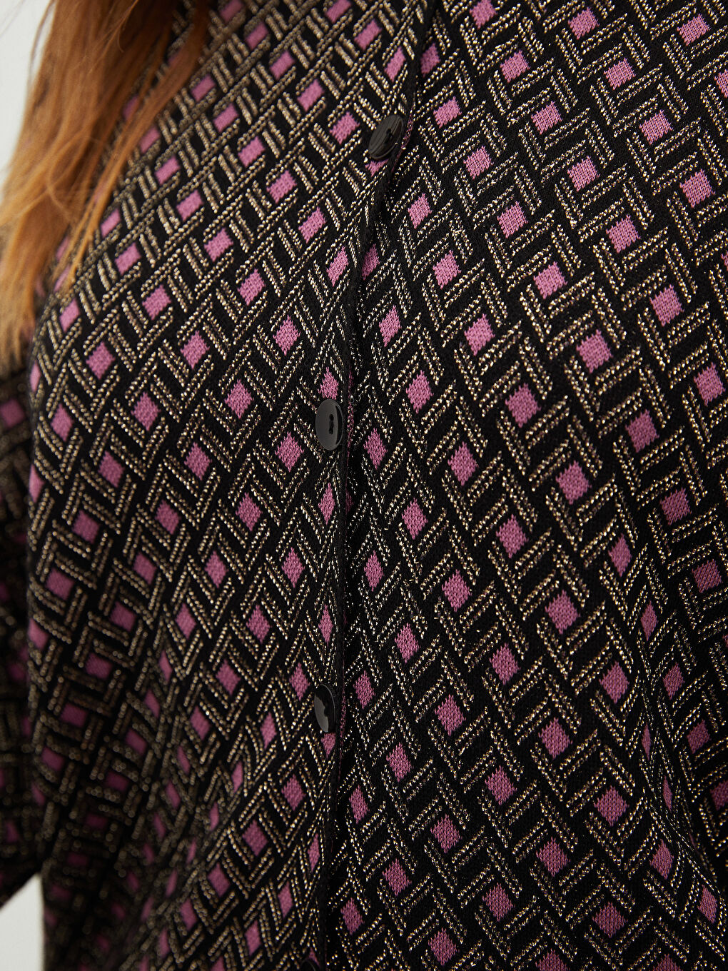 Siyah Polo Yaka Desenli Uzun Kollu Kadın Triko Hırka-2