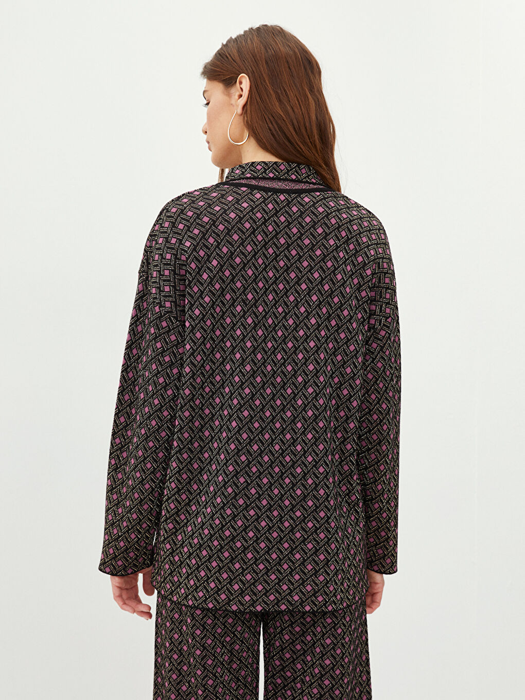 Siyah Polo Yaka Desenli Uzun Kollu Kadın Triko Hırka-3