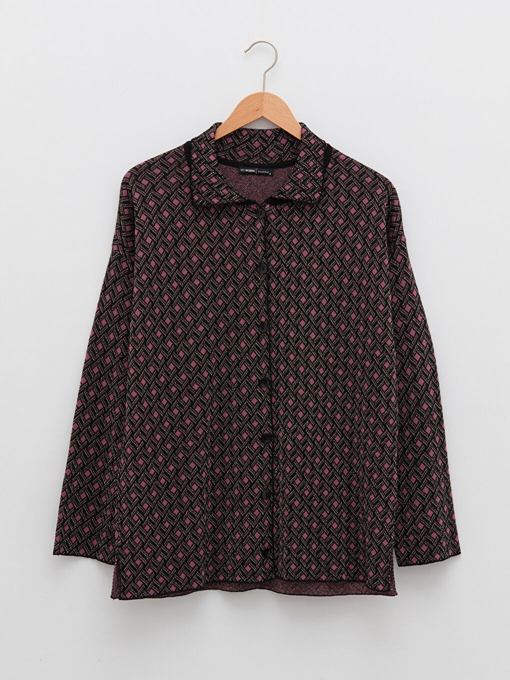 Siyah Polo Yaka Desenli Uzun Kollu Kadın Triko Hırka-4