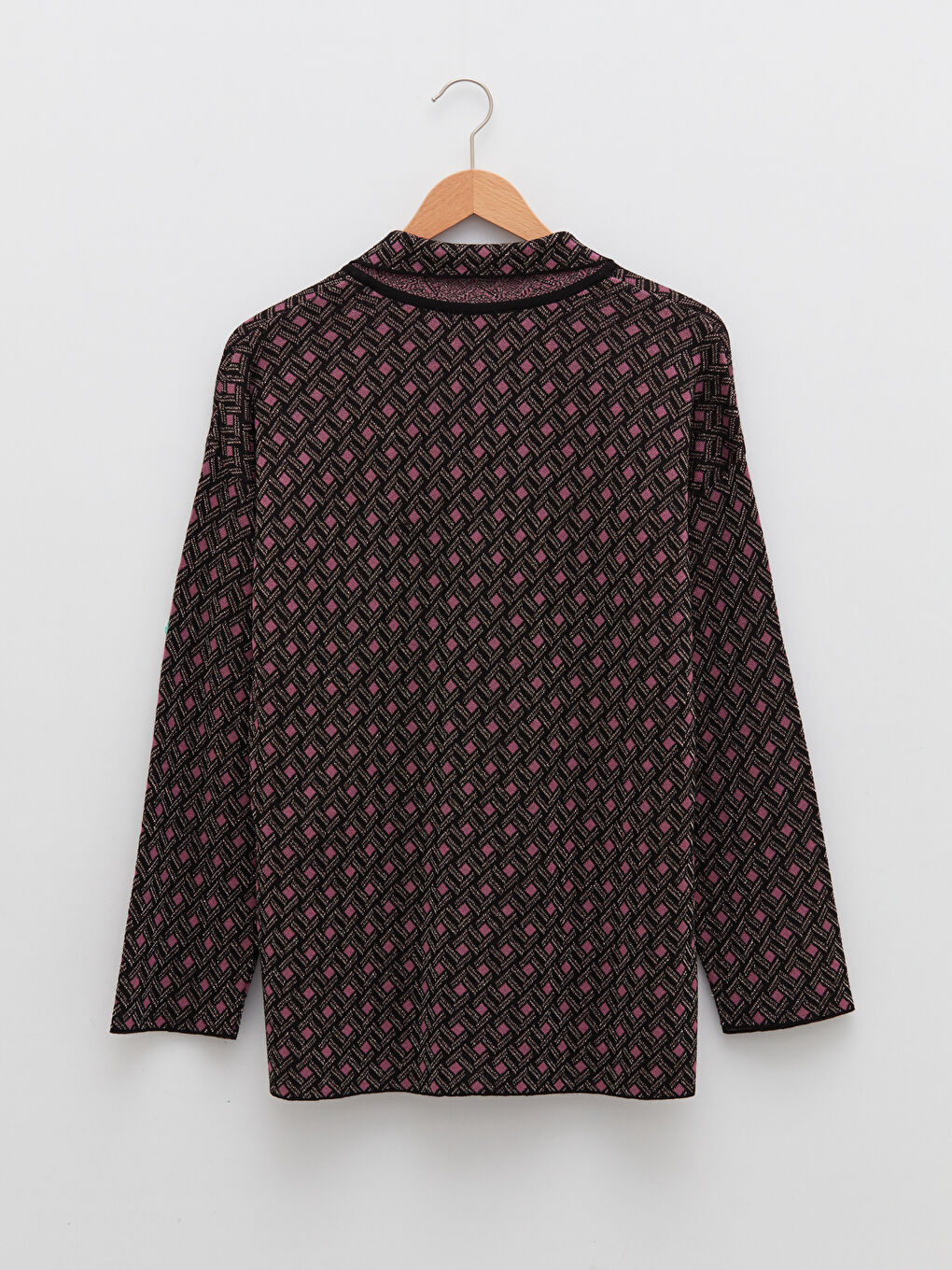 Siyah Polo Yaka Desenli Uzun Kollu Kadın Triko Hırka-5