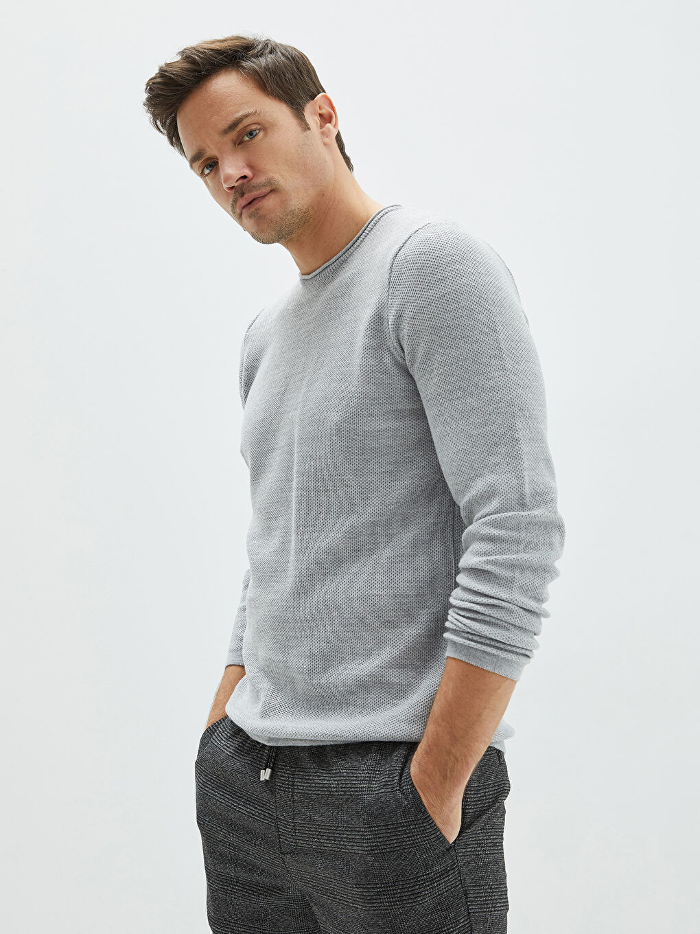 Crew Neck Long Sleeve Men's Tricot Sweater-1