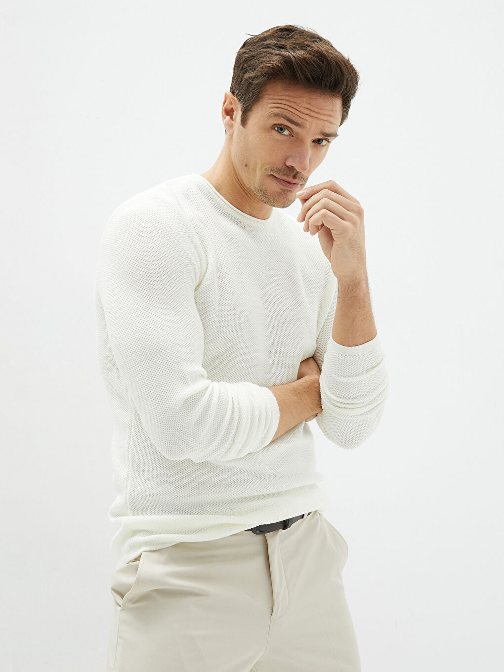 Ekru Bisiklet Yaka Erkek Triko Kazak-1