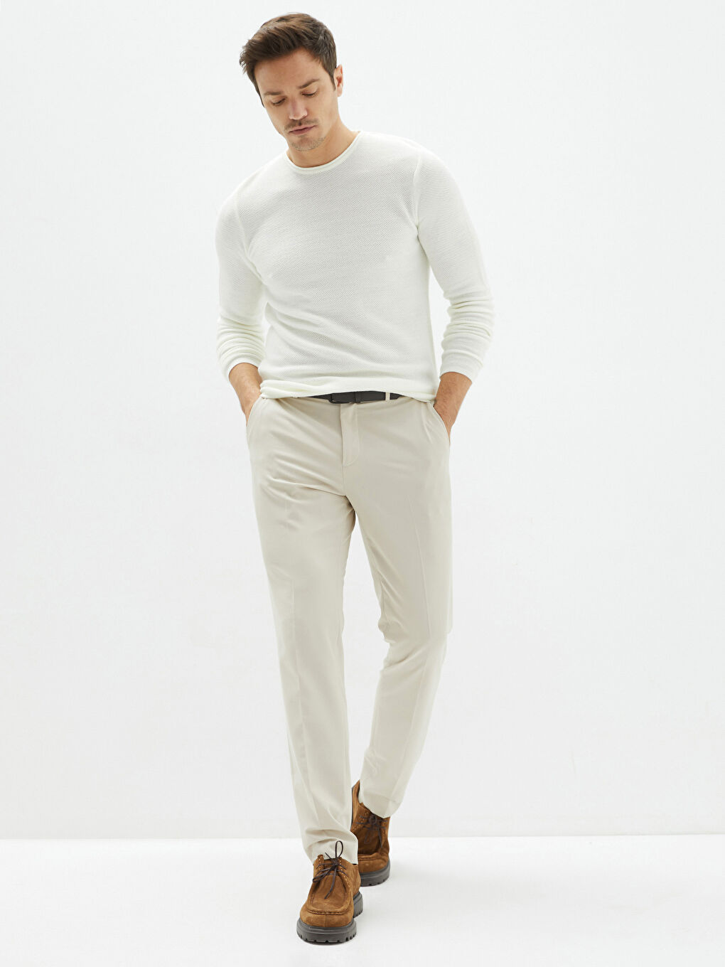 Ekru Bisiklet Yaka Erkek Triko Kazak-2