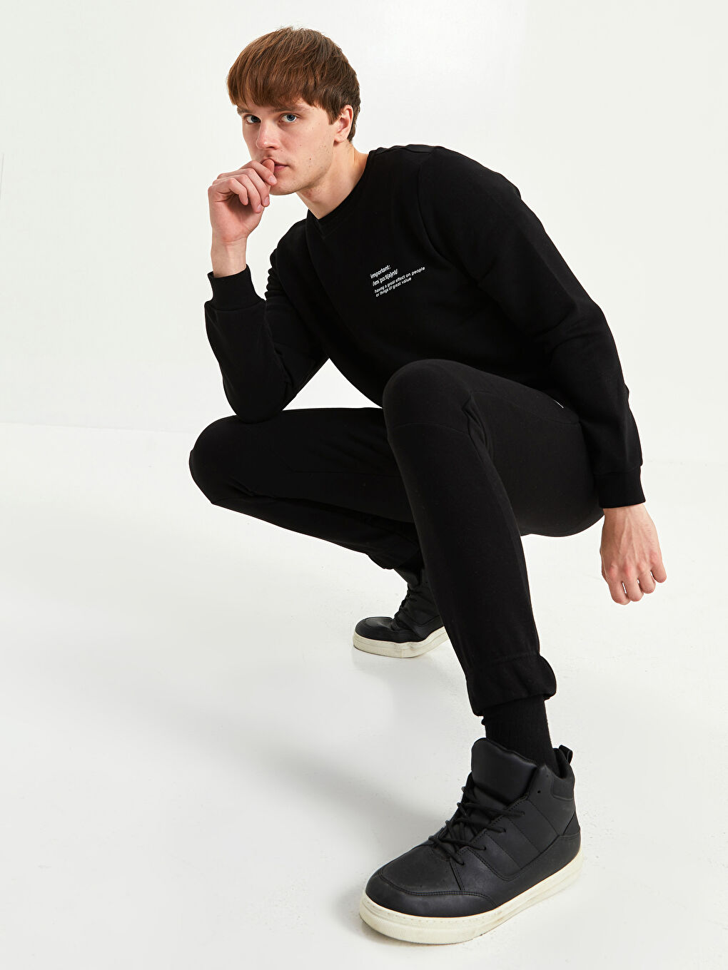 Siyah Bisiklet Yaka Uzun Kollu Baskılı Erkek Sweatshirt