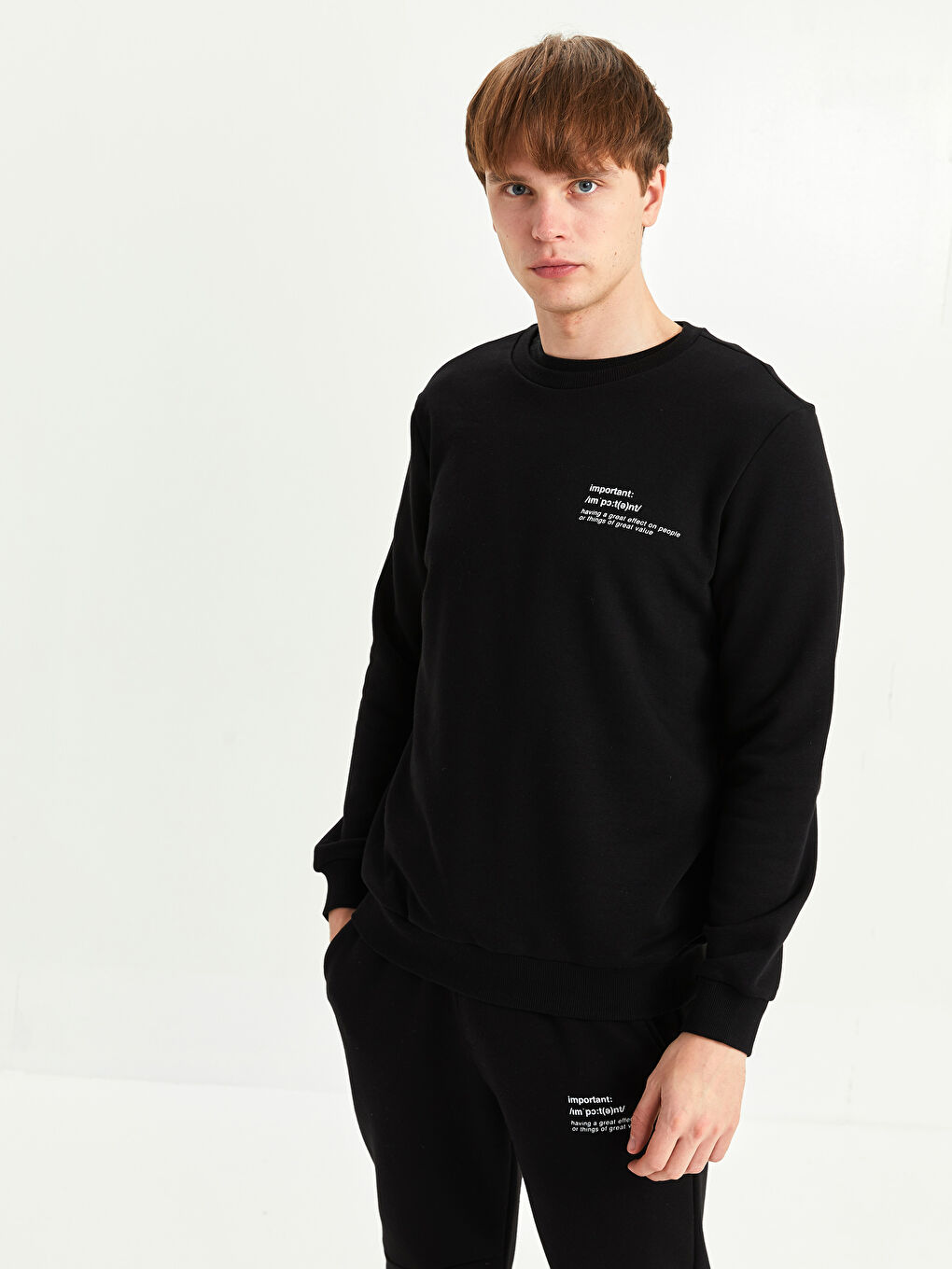 Siyah Bisiklet Yaka Uzun Kollu Baskılı Erkek Sweatshirt-1