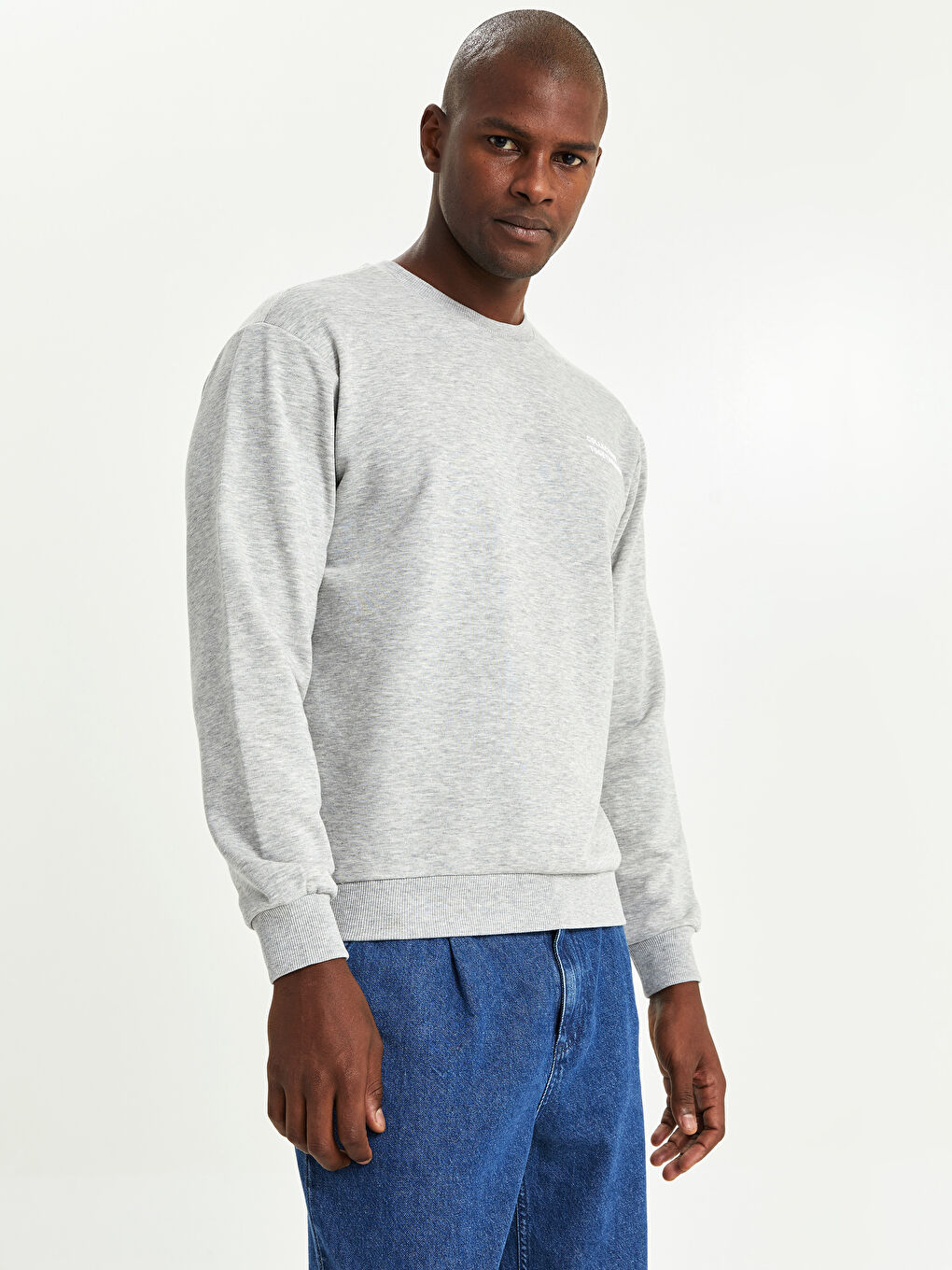 Gri Bisiklet Yaka Uzun Kollu Baskılı Erkek Sweatshirt-1