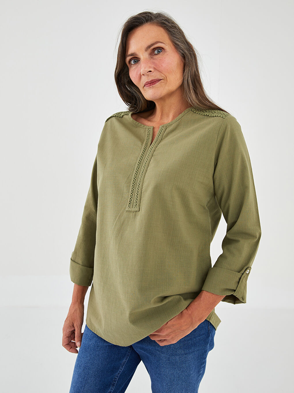 LCW Grace Henley Neckline Embroidered Long Sleeve Cotton Women's Blouse -W1LA92Z8-H7L