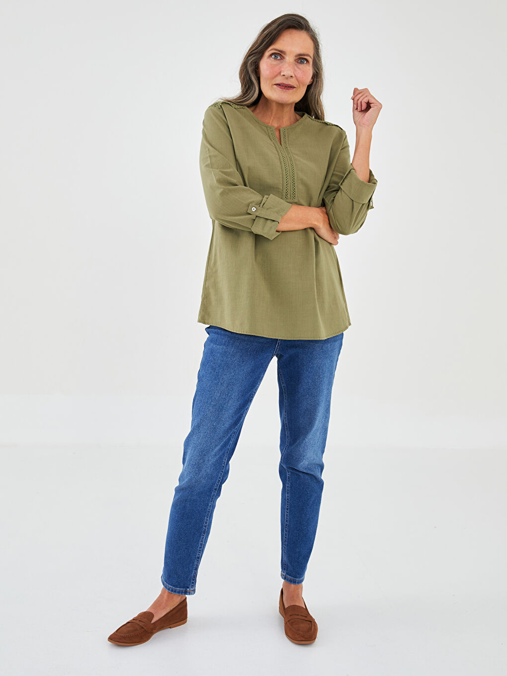 LCW Grace Henley Neckline Embroidered Long Sleeve Cotton Women's Blouse -W1LA92Z8-H7L