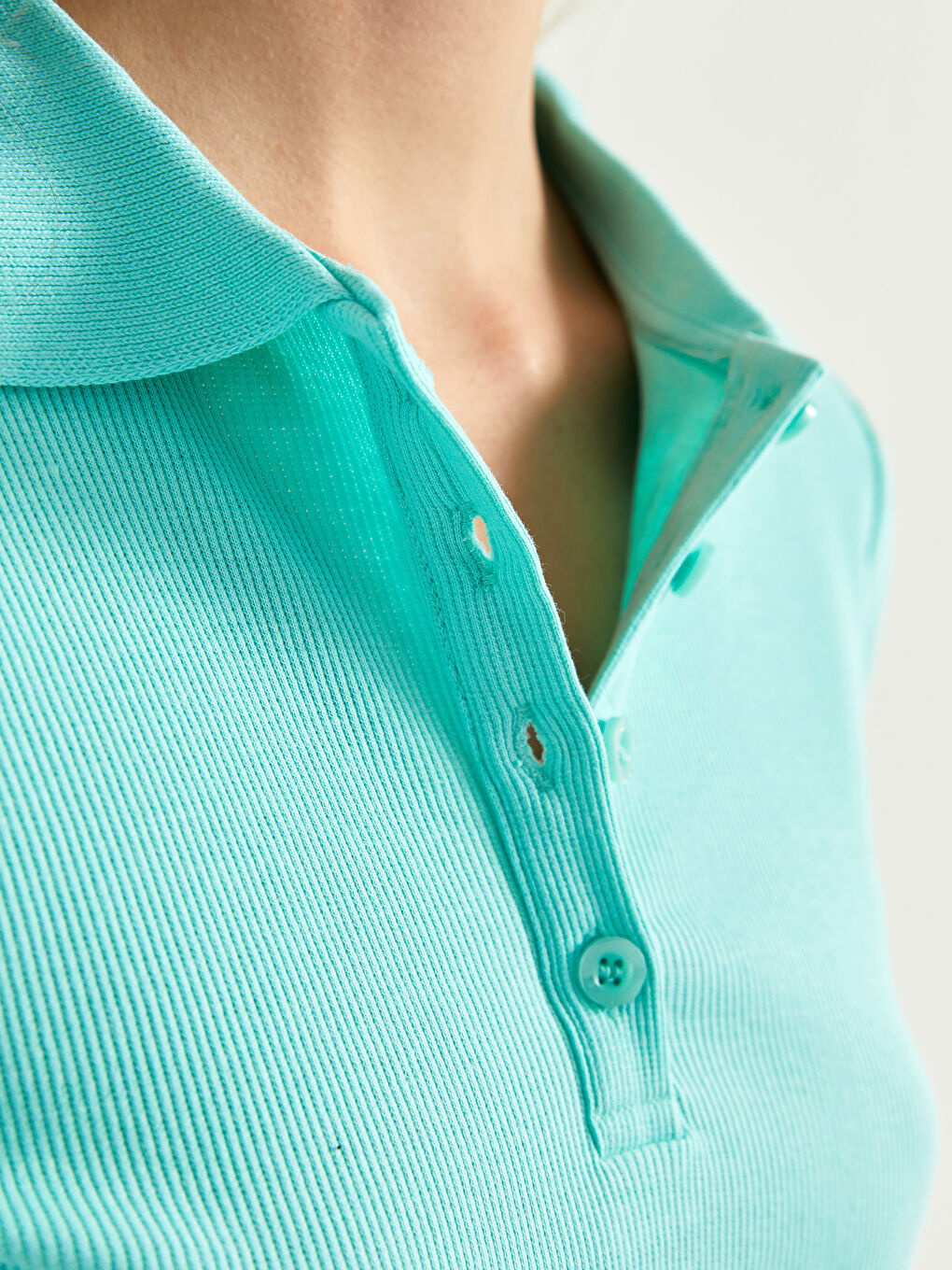 Turkuaz Polo Yaka Düz Uzun Kollu Kadın Crop-2