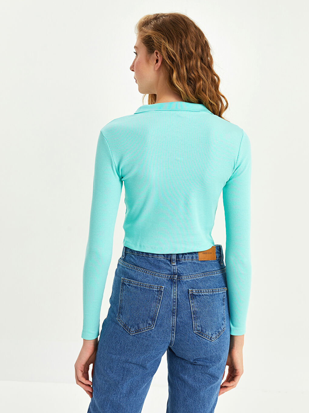 Turkuaz Polo Yaka Düz Uzun Kollu Kadın Crop-4