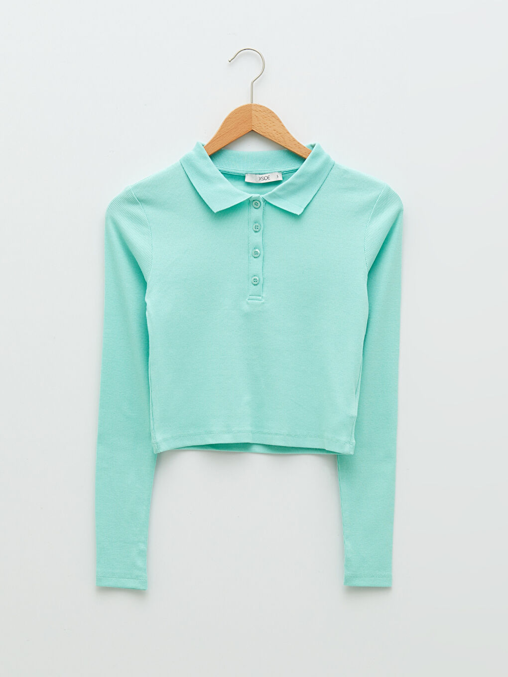 Turkuaz Polo Yaka Düz Uzun Kollu Kadın Crop-5