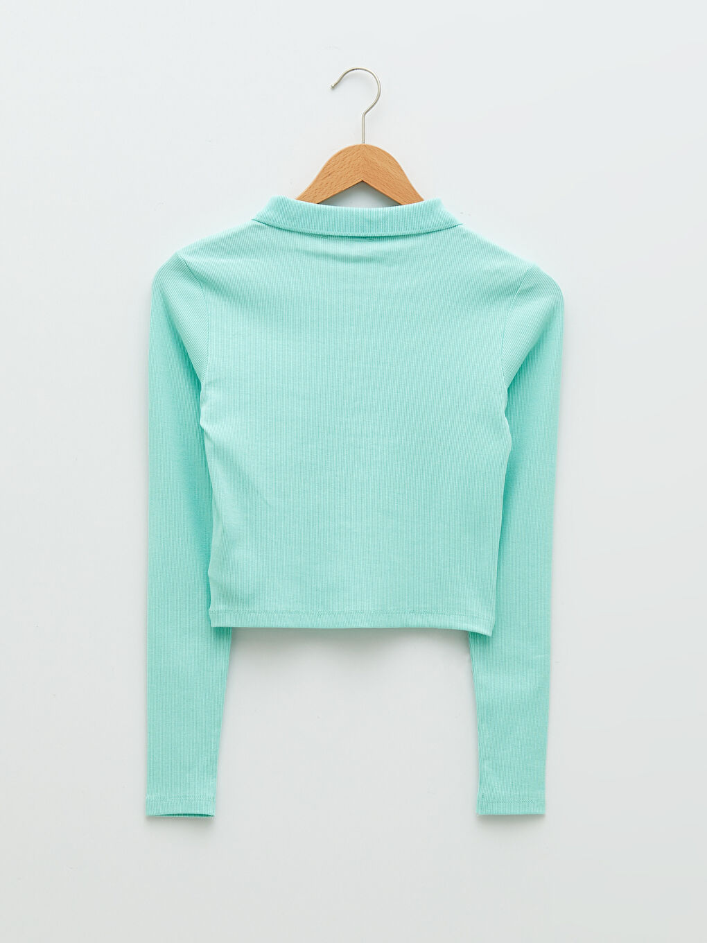 Turkuaz Polo Yaka Düz Uzun Kollu Kadın Crop-6