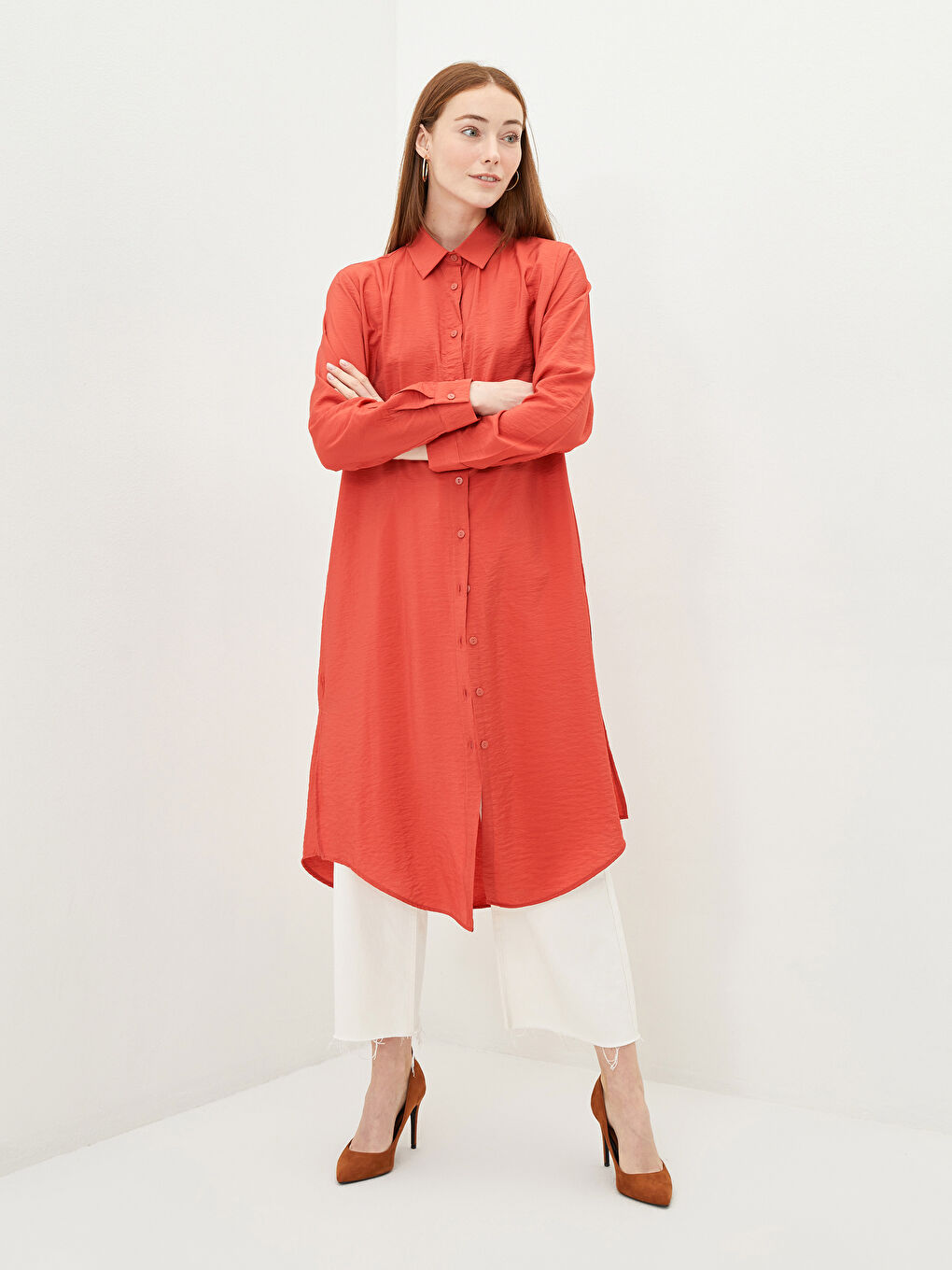 Kırmızı Düz Uzun Kollu Kadın Gömlek Tunik-1