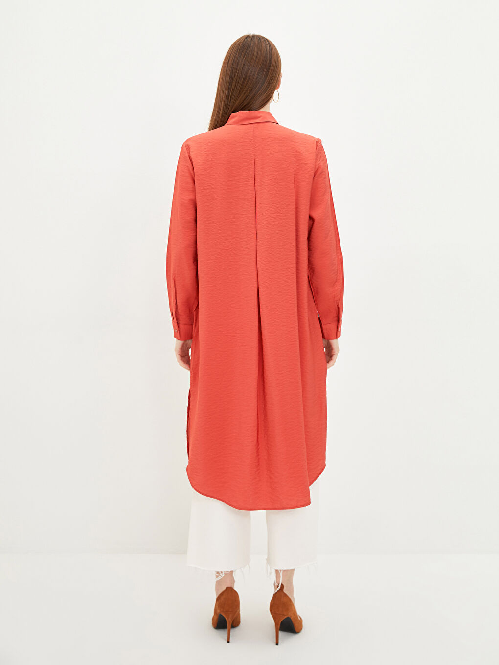 Kırmızı Düz Uzun Kollu Kadın Gömlek Tunik-3