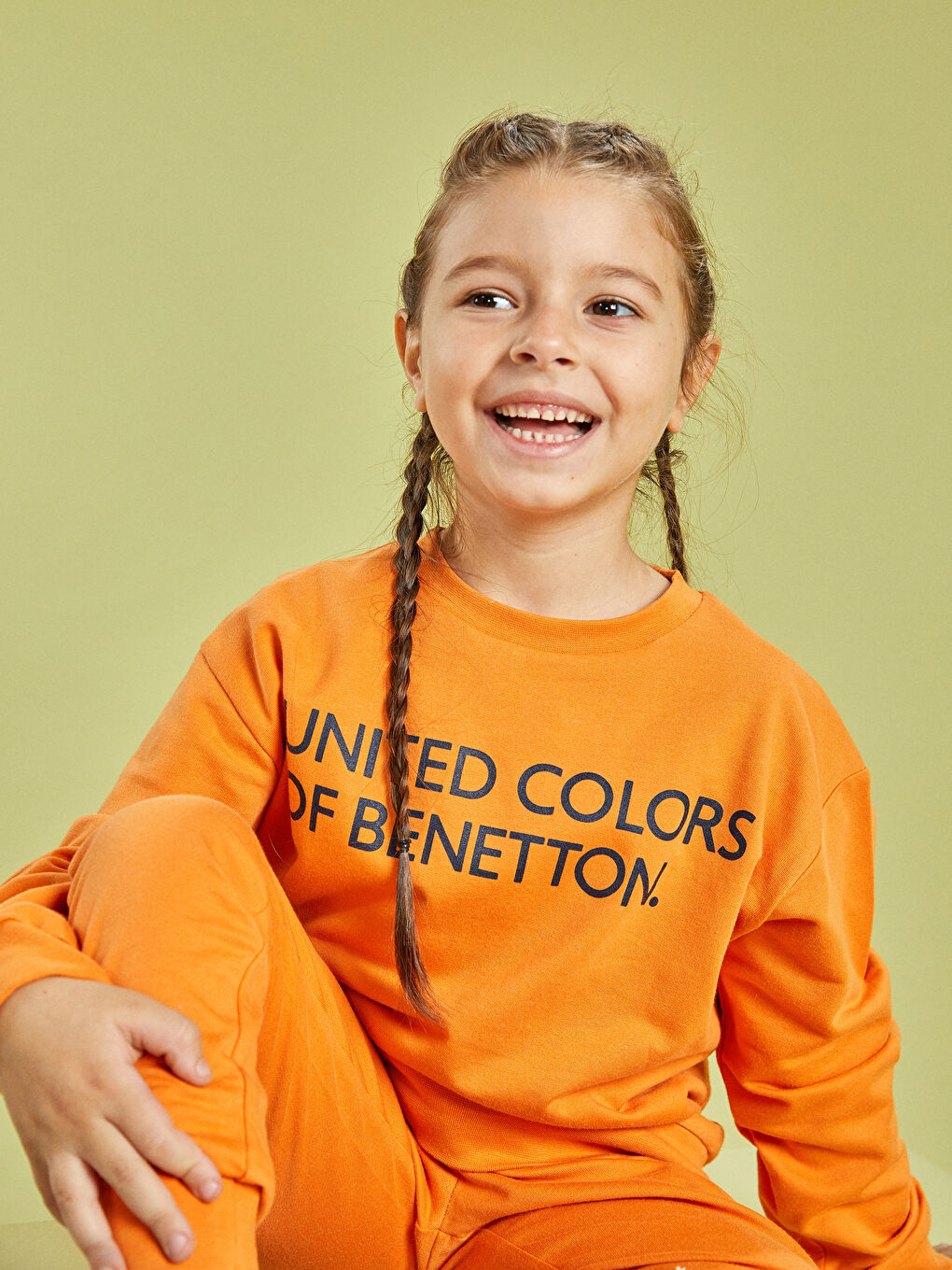 Turuncu Bisiklet Yaka Baskılı Uzun Kollu Pamuklu Kız Çocuk Sweatshirt