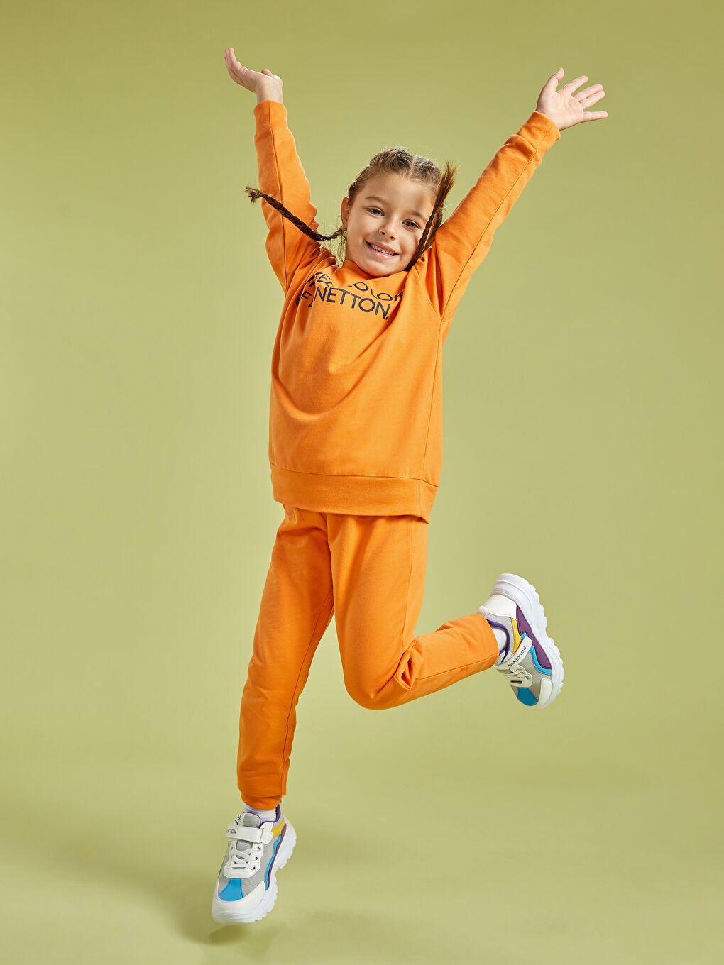 Turuncu Bisiklet Yaka Baskılı Uzun Kollu Pamuklu Kız Çocuk Sweatshirt-2