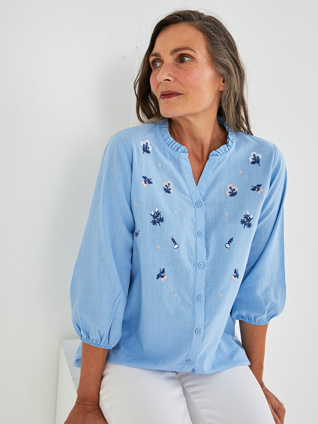 Ruffled Henley Neckline Embroidered Cotton Women's Shirt