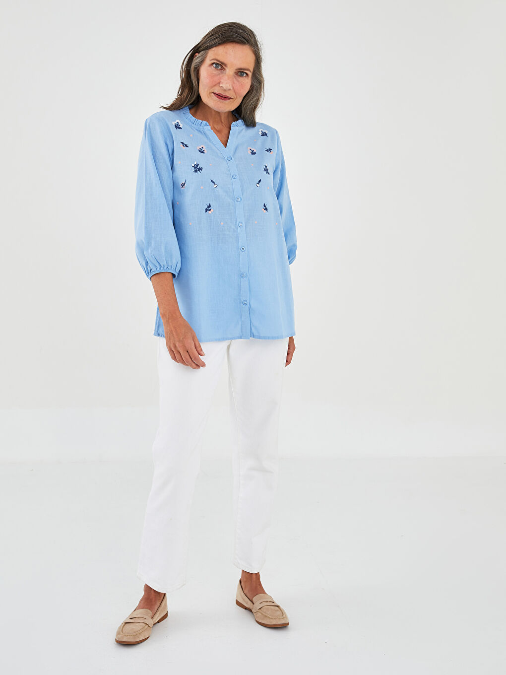 Ruffled Henley Neckline Embroidered Cotton Women's Shirt-1