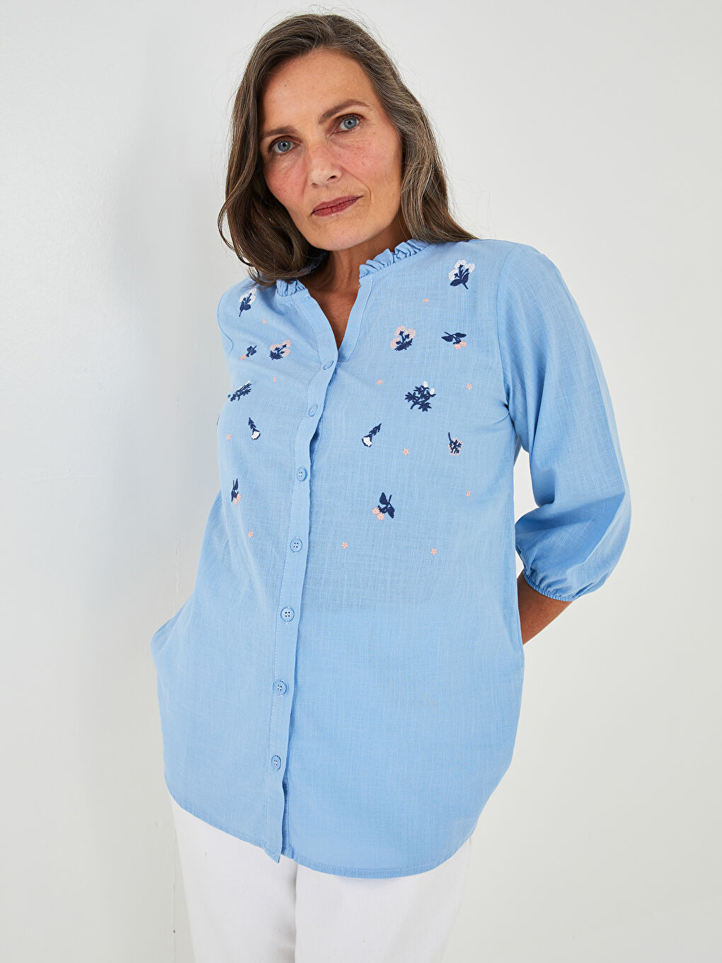 Ruffled Henley Neckline Embroidered Cotton Women's Shirt-2