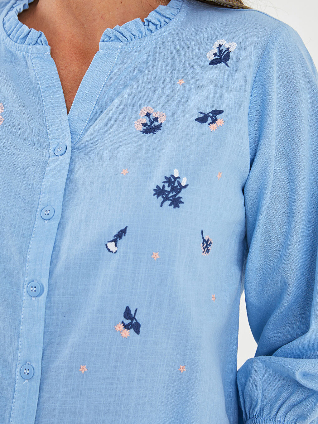 Ruffled Henley Neckline Embroidered Cotton Women's Shirt-3