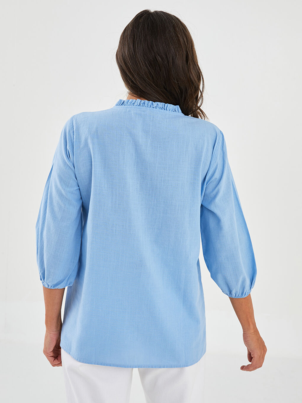 Ruffled Henley Neckline Embroidered Cotton Women's Shirt-4