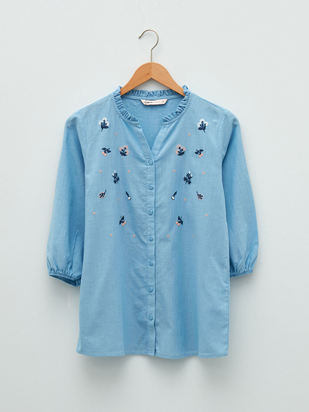 Ruffled Henley Neckline Embroidered Cotton Women's Shirt-5